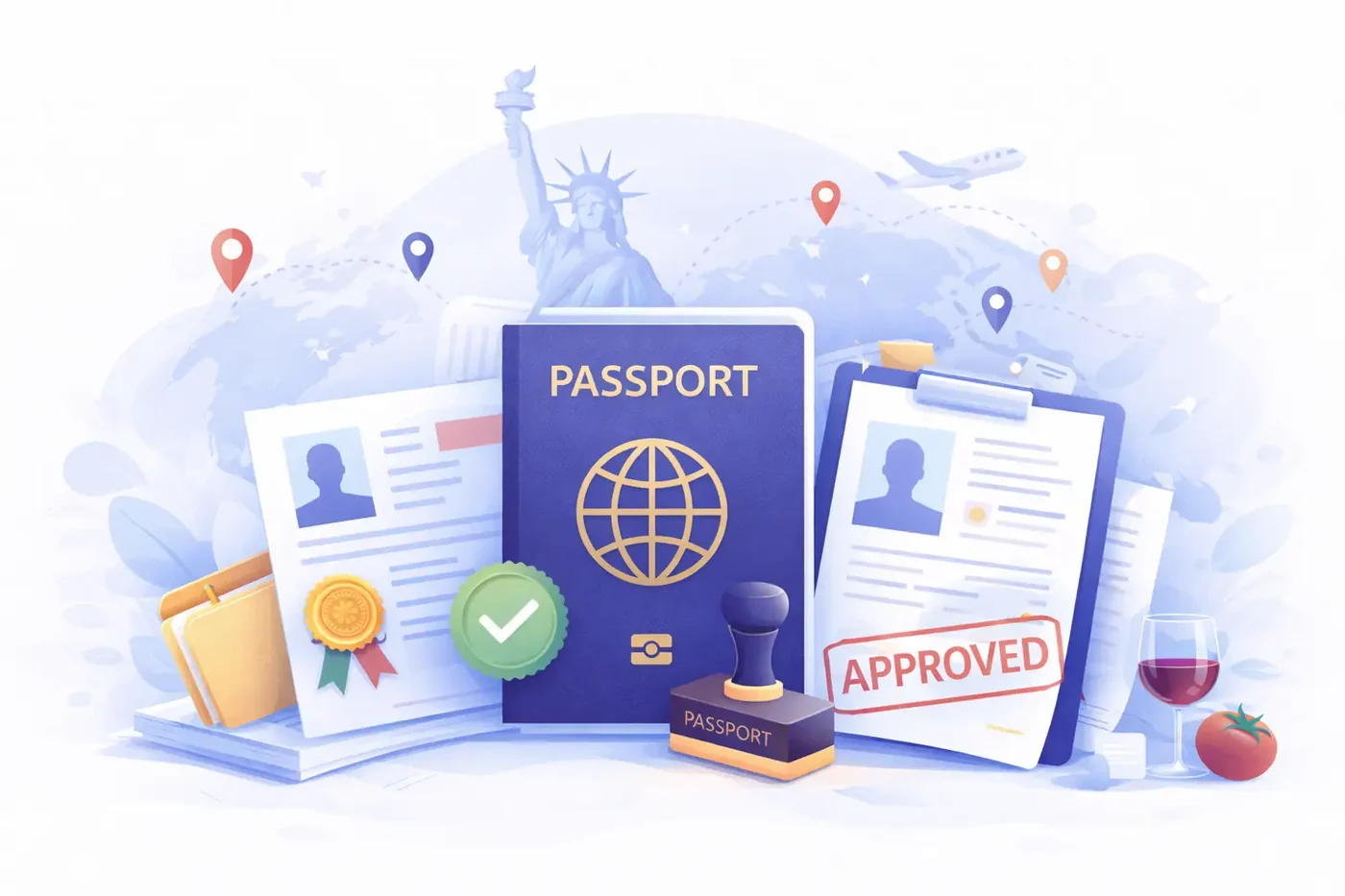 Illustration of a passport and supporting travel documents