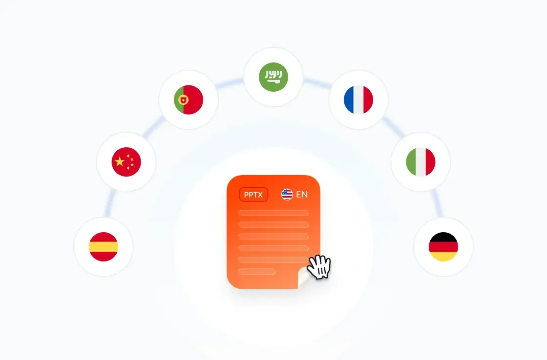 Illustration of a presentation document with language flags