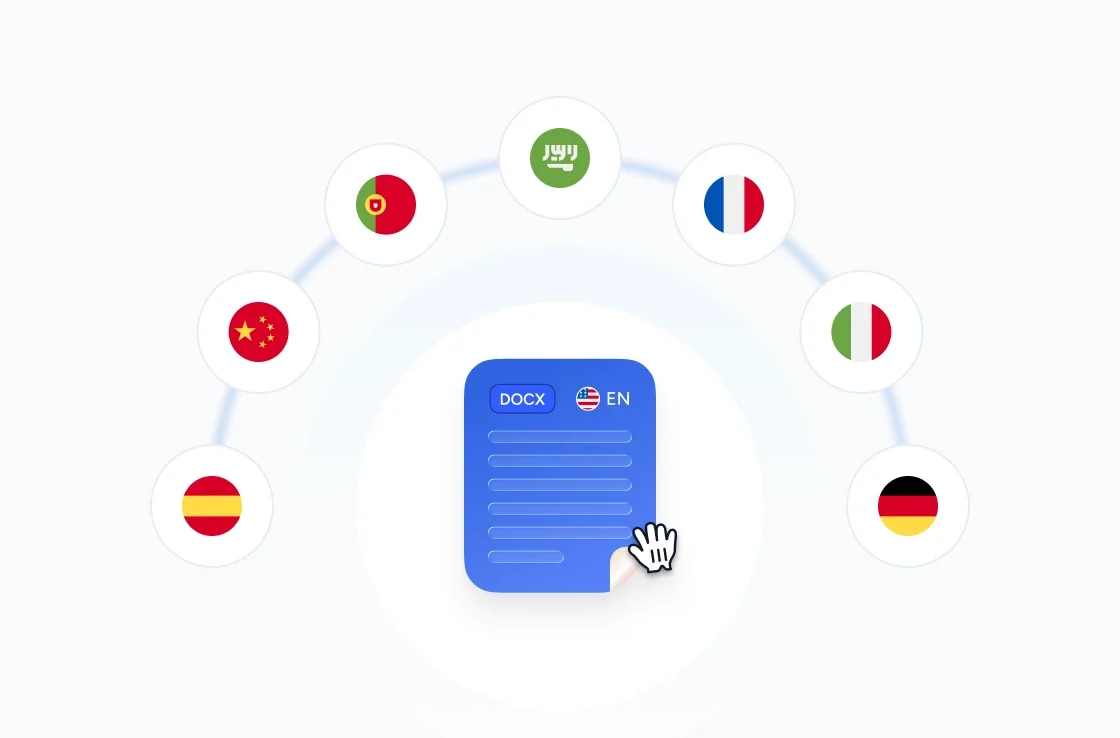 Illustration of a Word document with language flags